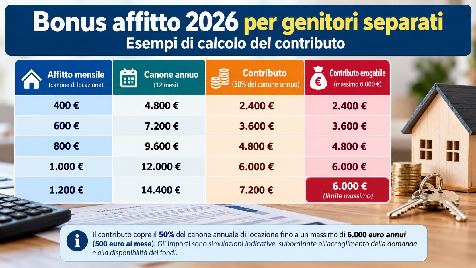 Infografica bonus affitto genitori separati: esempi di calcolo 2026