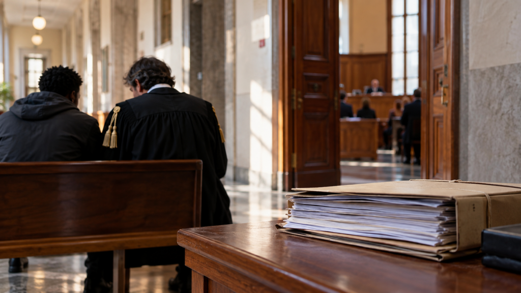 Avvocato e richiedente asilo in tribunale, immagine illustrativa sulla convalida del trattenimento