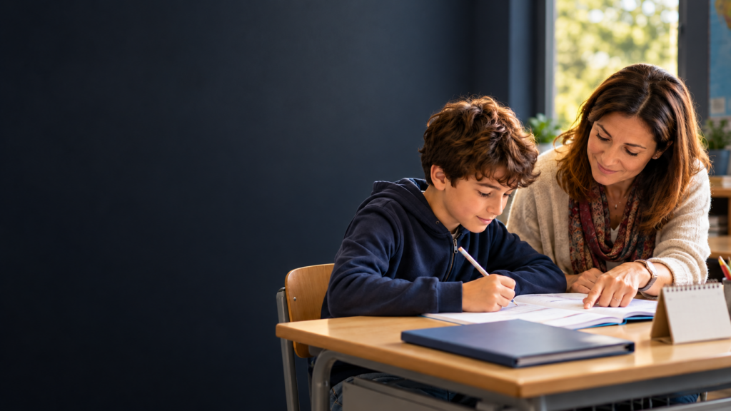 Sostegno scolastico: insegnante affianca un alunno nello studio in classe
