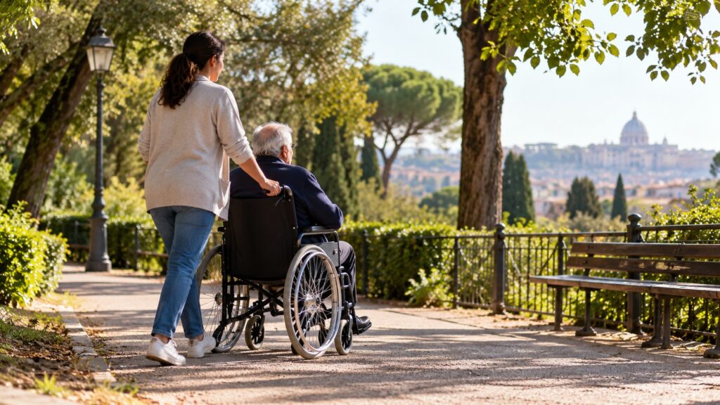 Caregiver accompagna un anziano in sedia a rotelle – nuove misure di sostegno ai caregiver familiari.