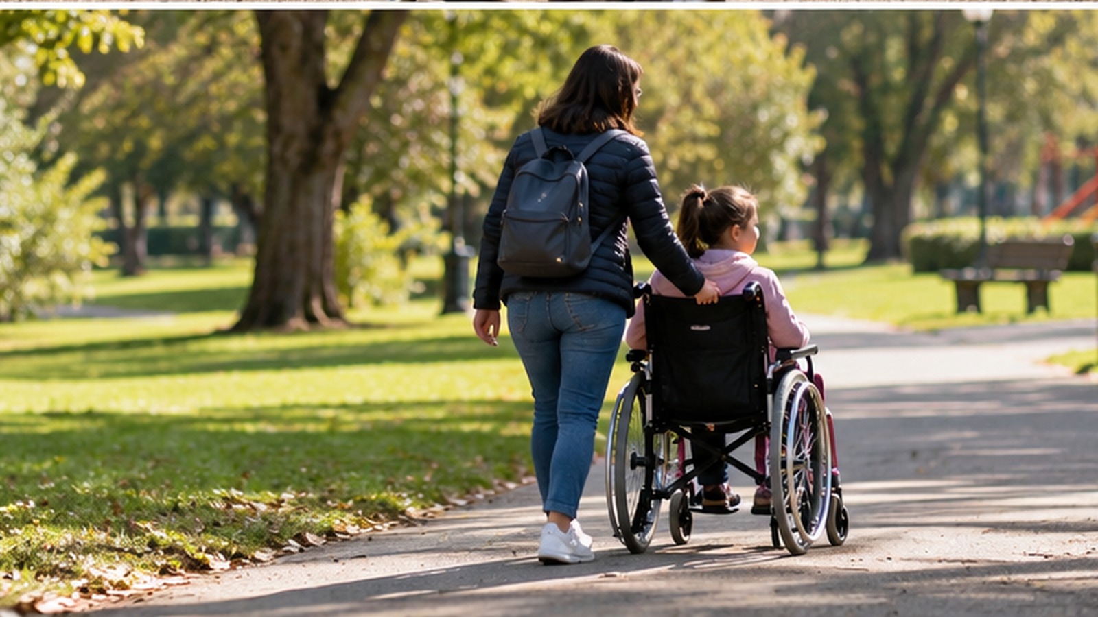 Madre accompagna la figlia con disabilità in sedia a rotelle al parco – sostegno ai caregiver familiari.